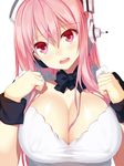  blush bow bowtie breasts cleavage d: headphones hullabaloo large_breasts long_hair nitroplus open_mouth pink_eyes pink_hair simple_background solo super_sonico white_background 