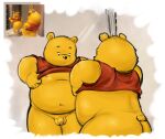2024 anthro balls bear belly bodily_fluids butt clothed clothing clothing_lift disney genital_fluids genitals hi_res male mammal mirror moobs navel nipples overweight overweight_male penis pooh_bear precum shirt shirt_lift small_penis solo thebunslover topwear winnie_the_pooh_(franchise) yellow_body