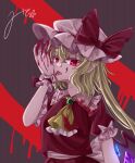  1girl ascot blonde_hair blood blood_on_clothes blood_on_face blood_on_hands bow commentary crystal fang flandre_day flandre_scarlet green_brooch hat hat_bow highres licking licking_hand looking_at_viewer mito_(fate) mob_cap multicolored_wings open_mouth pointy_ears red_bow red_eyes red_vest short_sleeves side_ponytail signature sleeve_bow slit_pupils tongue tongue_out touhou vampire vest white_bow white_hat wings yellow_ascot 