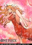  1girl arm_tattoo china_dress chinese_clothes clenched_hand commentary_request copyright_name dress earrings floral_print hair_ribbon isuzu_(uzushi) jewelry leg_up long_hair looking_at_viewer nami_(one_piece) official_art one_piece orange_hair red_dress red_footwear ribbon smile solo tattoo 