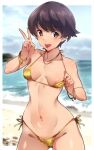  1girl bangle beach bikini bikini_pull blush bracelet breasts brown_eyes brown_hair clothes_pull cloud em_(totsuzen_no_hakike) girls_und_panzer gold_bikini horizon jewelry nakajima_(girls_und_panzer) navel navel_piercing nipple_piercing ocean outdoors piercing short_hair side-tie_bikini_bottom sky small_breasts smile solo swimsuit tongue tongue_out tongue_piercing v 