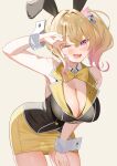 1girl animal_ears armpits ass_visible_through_thighs bare_shoulders black_vest blonde_hair bow bowtie breasts bunny_garden cleavage collared_vest commentary_request cowboy_shot crossed_bangs fake_animal_ears gradient_hair hair_between_eyes hair_intakes highres large_breasts leaning_forward looking_at_viewer miniskirt multicolored_hair one_eye_closed open_mouth pencil_skirt pink_eyes pink_hair piyopoyo rabbit_ears rin_(bunny_garden) see-through_silhouette side_ponytail simple_background skirt smile solo v_over_eye vest white_wrist_cuffs wrist_cuffs yellow_background yellow_bow yellow_bowtie yellow_skirt 