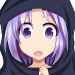  1girl :o commentary_request gin&#039;you_haru hood kumoi_ichirin looking_at_viewer open_mouth portrait profile_picture purple_eyes purple_hair short_hair simple_background solo touhou upper_body white_background 