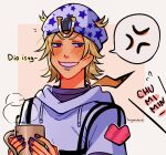  1boy absurdres anger_vein artist_name blonde_hair blue_eyes blue_nails blush commentary cup english_commentary feathers freckles highres holding holding_cup hood hoodie horseshoe huyandere johnny_joestar jojo_no_kimyou_na_bouken male_focus mug signature smile solo spoken_anger_vein star_(symbol) star_print steel_ball_run upper_body white_hat white_hoodie 