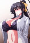  1girl absurdres arms_behind_back black_bra black_hair blush bra breasts brown_background brown_eyes cleavage collarbone collared_shirt commentary_request dress_shirt gradient_background hair_between_eyes high_school_dxd highres himejima_akeno lace-trimmed_bra lace_trim large_breasts long_hair long_sleeves looking_at_viewer navel open_clothes open_shirt parted_lips ponytail shirt sidelocks simple_background solo steam_erobou underwear upper_body white_background white_shirt 