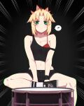  1girl absurdres bare_shoulders black_shorts black_tank_top blonde_hair bra breasts fate/grand_order fate_(series) green_eyes highres hyperbudd long_hair looking_at_viewer midriff mordred_(fate) mordred_(fate/apocrypha) navel parted_bangs ponytail red_bra revision shorts sidelocks sitting small_breasts solo tank_top underwear 