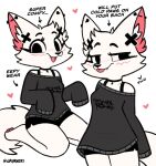 2024 anthro arctic_fox barefoot blep blush bottomwear canid canine choker clothed clothing cute_fangs digital_media_(artwork) ear_piercing english_text feet female female_anthro fox fur half-closed_eyes hi_res jayrnski jewelry looking_at_viewer mammal my_chemical_romance narrowed_eyes necklace off_shoulder pawpads paws piercing shorts skye_(jayrnski) smug solo text text_on_clothing tongue tongue_out trans_(lore) trans_woman_(lore) true_fox white_body white_fur