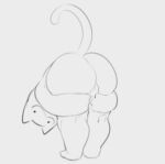 :3 anthro backsack balls barely_visible_balls barely_visible_genitalia bent_over big_butt bubble_butt butt domestic_cat felid feline felis genitals holding_both_legs holding_leg looking_at_viewer male mammal monochrome presenting presenting_hindquarters rear_view simple_background solo tacogatooooo tail