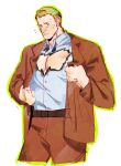  1boy ahoge bara blonde_hair character_request cropped_legs facial_hair flying_sweatdrops highres large_pectorals male_focus mature_male mikeyyangel0 muscular muscular_male pectoral_cleavage pectorals shirt short_hair sideburns_stubble solo standing stubble suit tetsuwan_atom torn_clothes torn_shirt unfinished 