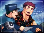  2boys bara blush carrying collarbone crave_saga epaulettes facial_hair fangs fingerless_gloves flustered flying_sweatdrops forked_eyebrows glasses gloves goatee green_eyes guardion_(crave_saga) half_gloves hat heart hrotti_(crave_saga) jewelry kepi looking_at_another male_focus military_hat multiple_boys necklace open_mouth princess_carry red_hair round_eyewear short_hair smile sweatdrop thick_eyebrows translation_request undercut yowaifish 