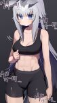  1girl abs absurdres animal_ears bike_shorts black_shorts black_sports_bra blue_eyes breasts closed_mouth commentary cowboy_shot ears_down grey_hair highres horse_ears horse_girl horse_tail light_frown long_hair looking_at_viewer medium_breasts motion_lines muscular muscular_female oguri_cap_(umamusume) shorts solo sports_bra sportswear standing tail tamukoro translated umamusume very_long_hair 