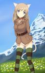  animal_ears belt blue_eyes brown_hair buckle flower hair_down long_hair long_sleeves lynette_bishop military military_uniform mountain panties rasielcochma solo strike_witches striped striped_legwear tail thighhighs underwear uniform world_witches_series 