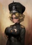  aiguillette blonde_hair blue_eyes breasts collar cross epaulettes filemonte fur_hat hat highres iron_cross large_breasts looking_at_viewer medal original short_hair signature soldier tight_clothes ushanka world_war_i 