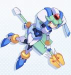  1girl armor crop_top crotch_plate forehead_jewel full_body green_hair holding holding_staff long_hair looking_at_viewer mega_man_(series) mega_man_zx model_w_(mega_man) omeehayo pandora_(mega_man) power_armor red_eyes solo staff white_armor white_helmet 