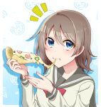  1girl bell_pepper bell_pepper_slice blue_eyes blush border bow bowtie brown_hair cheese_trail commentary_request eating food food_in_mouth gradient_background grey_sailor_collar grey_shirt hair_between_eyes hands_up highres holding holding_food holding_pizza light_blue_background long_sleeves looking_at_viewer love_live! love_live!_sunshine!! medium_hair notice_lines olive outside_border pepperoni pizza pizza_background red_bow red_bowtie sailor_collar school_uniform serafuku shadow shirt solo swept_bangs tetetsu_(yuns4877) upper_body uranohoshi_school_uniform watanabe_you white_background white_border winter_uniform 