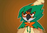 ambiguous_gender animated anthro artist_name avian beak bird blinking brown_body brown_feathers clothing clothing_pull covering covering_self decidueye feather_hands feathers generation_7_pokemon glivskindel7 green_clothing half-closed_eyes headgear headwear hiding_face hood hoodie leaf_clothing markings narrowed_eyes nintendo orange_background orange_markings owl pokemon pokemon_(species) pupils reaction_image red_eyes red_pupils shaded simple_background solo topwear