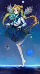  bishoujo_senshi_sailor_moon blonde_hair blue_bow blue_eyes blue_sailor_collar bow brooch chico907 double_bun full_body highres jewelry juuban_high_school_uniform long_hair planet ribbon sailor_collar school_uniform serafuku skirt socks solo space standing standing_on_one_leg tsukino_usagi twintails wings 