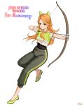  1girl absurdres aiming anniversary arrow_(projectile) black_shirt bow bow_(weapon) crop_top etie_(fire_emblem) fire_emblem fire_emblem_engage full_body green_bow green_eyes green_footwear green_shirt highres holding holding_arrow holding_bow_(weapon) holding_weapon orange_hair ricky_(haye4843) shirt solo swept_bangs training_outfit_(fire_emblem_engage) weapon workout_clothes 