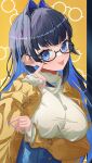  1girl :p absurdres akanbe black_hair blue_eyes blue_hair blue_nails blue_pants blunt_bangs breasts brown_coat coat colored_inner_hair commentary denim ear_piercing eyelid_pull glasses hair_intakes high-waist_pants highres hololive hololive_english index_finger_raised itsuki_(itsukii_en) jeans large_breasts long_hair long_sleeves looking_at_viewer multicolored_hair nail_polish official_alternate_costume official_alternate_hair_length official_alternate_hairstyle ouro_kronii ouro_kronii_(casual) pants piercing shirt sidelocks solo taut_clothes taut_shirt tongue tongue_out trench_coat turtleneck turtleneck_shirt upper_body virtual_youtuber white_shirt 