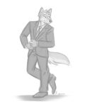 2024 anthro biped bottomwear canid canine canis classy closed_smile clothed clothing diesel_benson digital_drawing_(artwork) digital_media_(artwork) dress_pants dress_shoes footwear fully_clothed fur hi_res jacket looking_away male mammal monochrome mouth_closed necktie nicnak044 pants shoes signature sketch smile solo suit tail topwear walking wolf