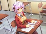  classroom desk highres looking_at_viewer moeki_yuuta original pantyhose purple_hair school_desk sitting solo yellow_eyes 