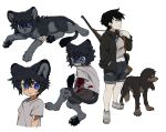  1boy 1girl animal animal_ears black_eyes black_fur black_hair black_jacket blood blood_on_arm blood_on_clothes blue_eyes body_fur brown_dog child claws clenched_teeth closed_mouth cub deviidog0 dog english_commentary full_body fur-tipped_tail furry furry_male grey_fur grey_shirt gun hand_in_pocket hand_up highres injury jacket lion lion_boy lion_cub lion_ears lion_tail long_sleeves looking_at_viewer looking_to_the_side original rifle scar scar_on_arm shirt short_eyebrows short_hair short_sleeves shorts simple_background standing t-shirt tail teeth torn_clothes torn_shorts weapon white_background 