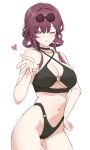  1girl bare_arms bare_shoulders bikini black_bikini black_choker breasts choker cleavage commentary cowboy_shot criss-cross_halter hair_intakes halterneck heart highres honkai:_star_rail honkai_(series) kafka_(honkai:_star_rail) large_breasts long_hair looking_at_viewer navel o-ring o-ring_bikini one_eye_closed parted_lips purple_eyes purple_hair round_eyewear simple_background solo standing stomach sunglasses swimsuit thighs tsukanko16 white_background 