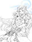  1boy 1girl ahoge angel angel_wings artist_request check_artist collarbone commentary_request dated diadem eric_flay forehead_jewel hug hug_from_behind kid_icarus kid_icarus_uprising laurel_crown looking_at_another one_eye_closed palutena pit_(kid_icarus) rouko605 smile spot_color vambraces wings 