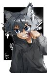 1boy animal_ear_fluff animal_ears artist_name black_background black_hoodie blood blood_on_face blue_eyes child clenched_teeth deviidog0 english_commentary fangs grey_hair hair_between_eyes hand_on_own_face hand_up highres hood hood_down hoodie long_sleeves male_focus original short_hair solo teeth upper_body wiping_face wiping_mouth wolf_boy wolf_ears 