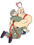  2boys adam_(skullgirls) adam_kapowski ahoge bald drawfag eyes_closed facial_hair gray_hair grey_hair grin highres hubrecht_(skullgirls) hubrecht_hertz_adelhardt hug male male_focus multiple_boys muscle mustache pink_hair ribbon skullgirls smile soldier 