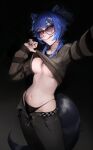  1girl absurdres animal_ears belt blue_eyes blue_hair clothes_lift domino_mask glasses highleg highleg_panties highres indie_virtual_youtuber lifted_by_self limart long_hair looking_at_viewer mask midriff navel no_bra open_fly panties raccoon_ears raccoon_girl raccoon_tail round_eyewear selfie shirt_lift snuffy_(vtuber) solo tail underwear virtual_youtuber 