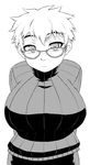  arms_behind_back breasts character_request copyright_request freckles glasses greyscale huge_breasts looking_at_viewer monochrome ribbed_sweater short_hair smile solo sweater tsukudani_(coke-buta) turtleneck 