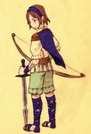  armband bow_(weapon) brown_hair final_fantasy final_fantasy_tactics hacrow hairband highres male_focus parody poncho sandals shadow_of_the_colossus shorts solo style_parody surcoat sword wander weapon 