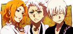  1girl 2boys anger_vein bleach blue_eyes green_eyes hitsugaya_toushirou ichimaru_gin matsumoto_rangiku mole motsu_(f0204) multiple_boys orange_hair short_hair smile sweat white_hair wink 