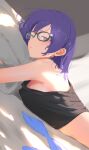  1girl :t a-chan_(hololive) alternate_costume armpit_crease bare_shoulders black_tank_top blue_eyes blue_hair closed_mouth cohi27151463 commentary_request from_side glasses grey-framed_eyewear highres hololive looking_at_viewer lying midriff on_bed on_stomach short_hair solo tank_top upper_body virtual_youtuber 