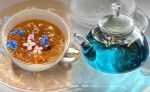  absurdres blue_flower caustics condensation cup drink english_text flower food_focus highres no_humans original refraction signature still_life tea teacup teapot tom23579 white_flower 