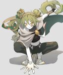  1girl arm_support arm_wrap asymmetrical_gloves black_shirt bridal_gauntlets brown_cloak camouflage camouflage_pants cloak colored_skin commentary_request cropped_shirt double_bun floating_hair full_body gloves green_hair green_pants grey_background grin ground_miku_(project_voltage) hair_between_eyes hair_bun hatsune_miku highres long_hair looking_at_viewer midriff mismatched_gloves multicolored_hair nat._e_(pixiv_69681841) orange_eyes pants pokemon project_voltage shadow shirt shoes simple_background single_bridal_gauntlet single_glove sleeveless sleeveless_shirt smile solo squatting streaked_hair twintails vocaloid white_footwear white_gloves white_skin yellow_pupils 