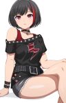  1girl absurdres arm_belt armpit_crease badge bang_dream! bare_shoulders belt belt_buckle black_belt black_collar black_hair black_shirt breasts buckle button_badge collar collarbone commentary_request crossed_legs cutoffs feet_out_of_frame grey_shorts hand_on_own_knee highres light_blush lock looking_at_viewer medium_breasts mitake_ran multicolored_hair noshimurin off-shoulder_shirt off_shoulder padlock padlocked_collar parted_lips pink_eyes print_shirt red_hair red_tank_top shadow shirt short_hair short_shorts shorts simple_background sitting solo star_(symbol) streaked_hair studded_belt studded_collar tank_top two-tone_hair union_jack white_background 