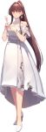 1girl bare_shoulders breasts brown_eyes brown_hair burnt_clothes collarbone dress flower full_body hair_ornament kantai_collection large_breasts long_hair looking_at_viewer off_shoulder official_art one_eye_closed ponytail shizuma_yoshinori sleeveless solo torn_clothes transparent_background very_long_hair white_dress yamato_(kancolle) 