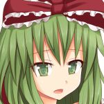  1girl bow commentary_request gin&#039;you_haru green_eyes green_hair hair_bow kagiyama_hina looking_at_viewer open_mouth portrait profile_picture red_bow simple_background solo touhou upper_body white_background 