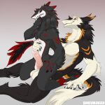 animal_genitalia apprehensive balls claws clenched_teeth duo genitals hi_res kneeling male male/male penis reclining sergal sheath shezathesergal size_difference smile tai-sen tail tail_tuft teeth tuft