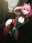  1girl :o absurdres amanda_werner blassreiter bodysuit breasts cleavage green_eyes gun handgun highres large_breasts long_hair nishii_(nitroplus) open_mouth pink_hair pistol ponytail running scan solo weapon zipper 