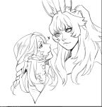  2girls animal_ears au_ra braid closed_mouth commentary_request dog_9uk eye_contact final_fantasy final_fantasy_xiv greyscale heart horns korean_commentary long_hair looking_at_another monochrome multiple_girls ponytail rabbit_ears scales smile upper_body viera warrior_of_light_(ff14) yuri 