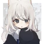  1girl animal_ears artist_name black_dress black_eyes border cat_ears cat_girl cat_tail dress grey_background hand_up highres indie_virtual_youtuber looking_at_viewer medium_hair open_mouth outside_border sayonaka_(vtuber) sayonaka_megumo short_eyebrows sleeve_cuffs sleeves_past_fingers sleeves_past_wrists solo tail tail_raised upper_body virtual_youtuber white_border white_hair 