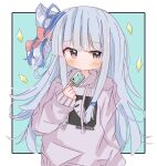  1girl blue_background blue_hair blush border bow closed_mouth cowboy_shot diamond_(shape) dot_mouth food grey_hoodie hair_bow hand_up highres holding holding_food holding_ice_cream hood hood_down hoodie ice_cream ice_cream_bar ichiha_(ichi_u2) kotonoha_aoi long_bangs long_hair long_sleeves looking_at_viewer messy_hair one_side_up outside_border pink_eyes print_hoodie sidelocks simple_background solo voiceroid white_border 
