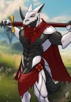 3_fingers abs anthro bandai_namco bottomwear bulge cape clothing digimon digimon_(species) fingers hackmon hi_res iudicium86 knight loincloth male melee_weapon muscular nipples outside solo sword torn_clothing warrior weapon