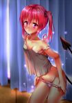  bare_shoulders collarbone curtains demon_tail from_above highres kagomikan313 looking_at_viewer nana_asta_deviluke off_shoulder panties pink_eyes pink_hair pink_panties pulled_by_self spaghetti_strap standing strap_slip tail to_love-ru underwear undressing 