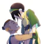  1boy 1girl avatar:_the_last_airbender avatar_legends bare_shoulders black_hair brown_hair carrying carrying_person closed_eyes dark-skinned_male dark_skin grey_eyes grin short_sleeves simple_background sleeveless smile sokka t_k_g teeth toph_bei_fong upper_body white_background 