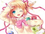  ;d blonde_hair blue_eyes bow brand_name_imitation candy dress_shirt food fuyuichi hair_ribbon kamikita_komari little_busters! one_eye_closed open_mouth pink_bow pocky ribbon school_uniform shirt short_hair smile snack solo sweater sweets twintails 