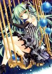  absurdres bare_legs bauble birdcage black_dress cage dress elbow_gloves full_body gloves green_eyes green_hair hatsune_miku head_tilt highres key legs long_hair looking_at_viewer sitting tatekawa_mako twintails very_long_hair vocaloid 